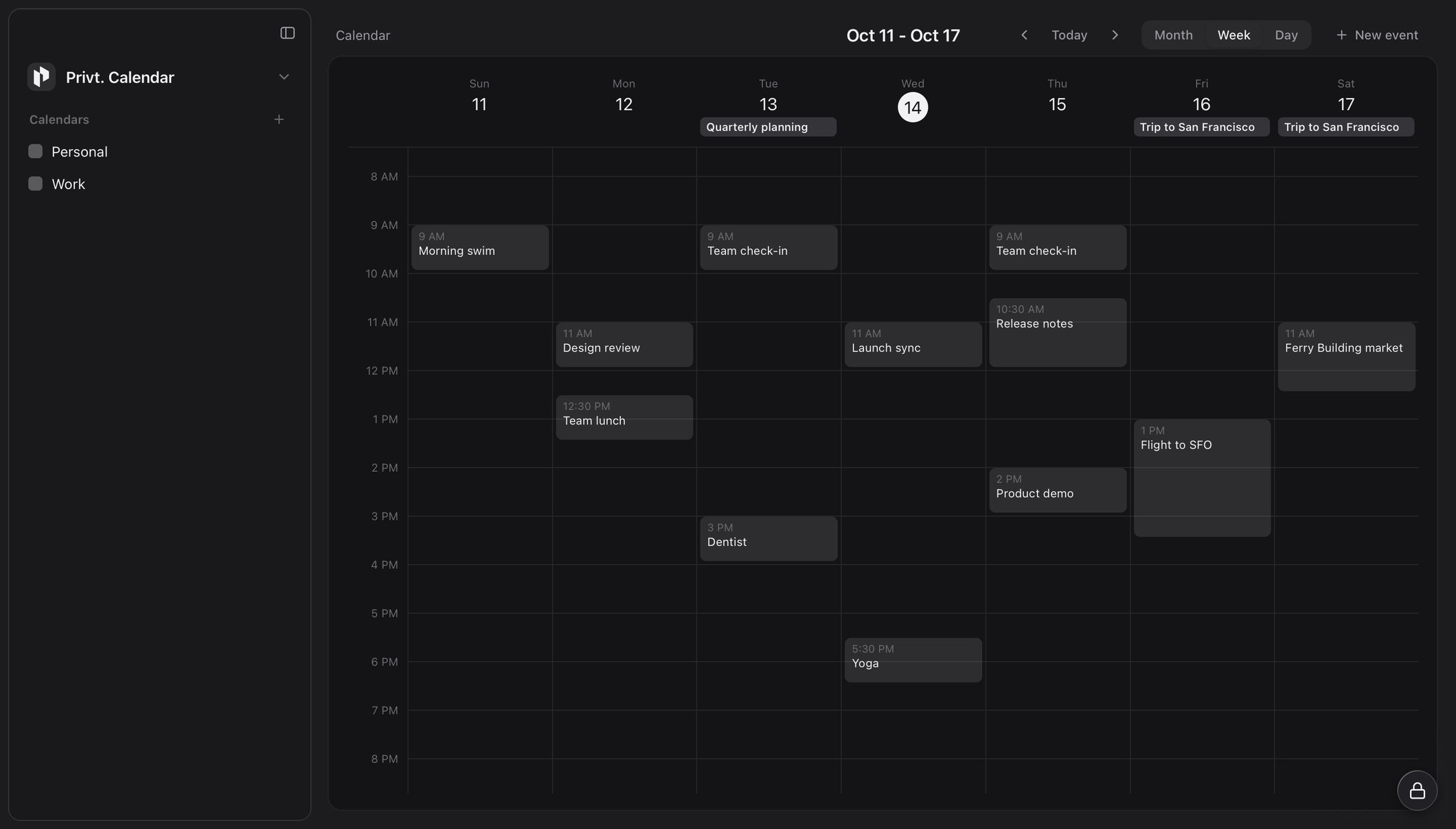 Privt.&nbsp;Calendar in Week view for October 11 to 17, with all-day events across the top, timed events through the day, and the Personal and Work calendars in the sidebar